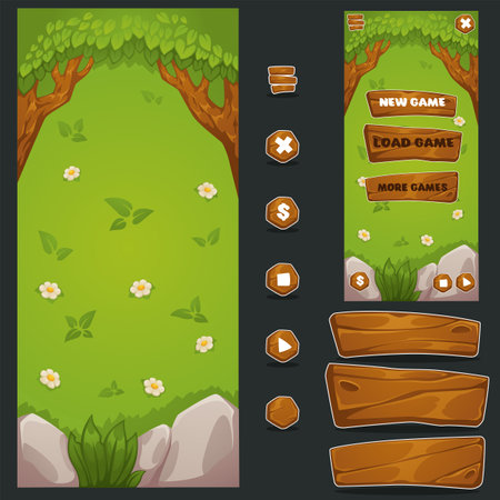 cartoon forest, mobile game background and CUI elementsのイラスト素材