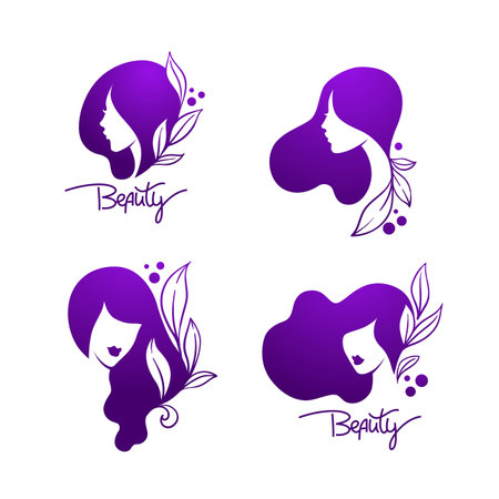 beautiful woman with long hair and plants, vector emblems with lettering compositionのイラスト素材