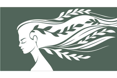 beauty of nature, woman silhouette on darl background and floral hairのイラスト素材