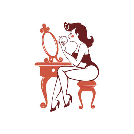 beauty pinup girl looking at mirror and doing makeupのイラスト素材