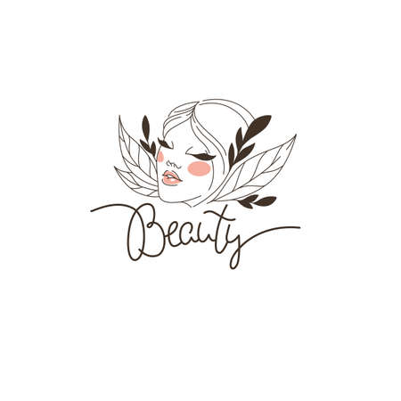 doodle flowers and woman face emblem with beauty  lettering compositionのイラスト素材