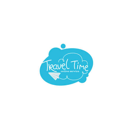 Travel Time Lettering Logo with White Clouds and Plain on Blue Backgroundのイラスト素材
