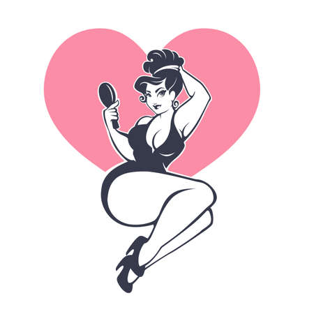 happy plus size pinup girl on heart shape backgroundのイラスト素材