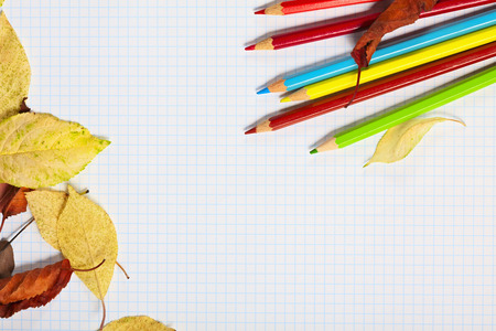 Notebook with colored pencils and autumn leaves on a wooden surface.の写真素材