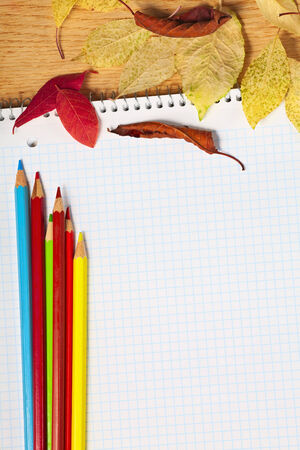 Notebook with colored pencils and autumn leaves on a wooden surface.の写真素材