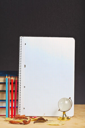 Notebook with colored pencils and globe on a wooden surface.の写真素材