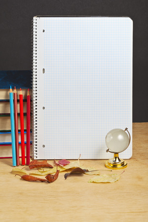 Notebook with colored pencils and globe on a wooden surface.の写真素材