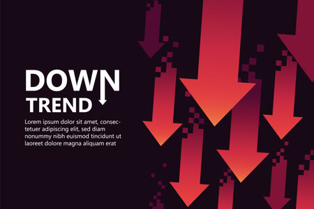 Red arrows downtrend abstract background, capturing the essence of decline with dynamic red arrows. Perfect for conveying financial downturns and market concepts.のイラスト素材