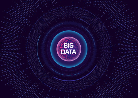 Futuristic Big Data Technology Concept Art and Visualization. Abstract background with big data concept art. Illustrates advanced visualization in a dynamic vector composition.のイラスト素材