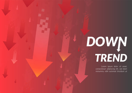 Downtrend abstract background. A group of digital red arrows pointing down in the air shows feelings that fall down, lower, losing, downward and more negative meanings.のイラスト素材