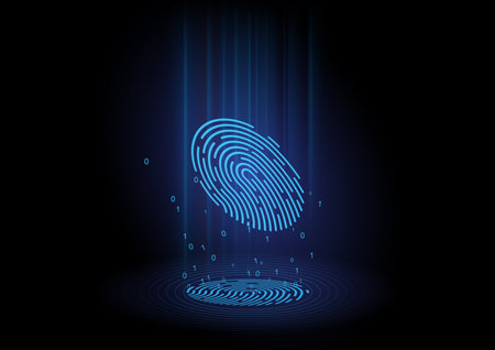 The Digital Transformation with Identity Security. Abstract thumb fingerprint pattern was scanned to 3d hologram by future technology and express some computing language.のイラスト素材