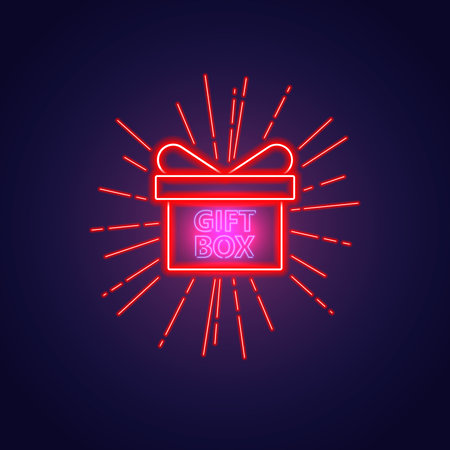 A neon gift box with a radiant line. A design with a vintage element makes your ads cool. It can run in a variety of advertising events such as new year, Xmas, party, etc.のイラスト素材