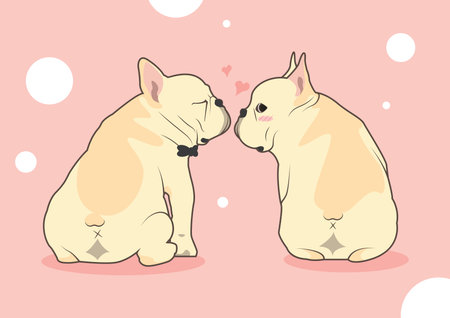 Cute French Bulldog Love Kissing Vector. Sweet vector illustration of a cute French Bulldog expressing love with a gentle kiss. Heartwarming and affectionate design.のイラスト素材