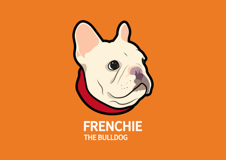 Brown chubby French Bulldog logo symbol on orange background. Vector illustration of a brown chubby French Bulldog logo symbol against an orange background.のイラスト素材