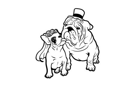 French Bulldog and Bulldog Couple in Black and White. Black and White vector illustration featuring a charming pair of French Bulldog and Bulldog. Endearing and timeless design.のイラスト素材