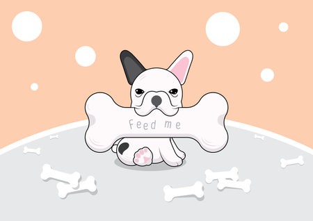 French Bulldog with bones. Cute Frenchie and bone sign text say "Feed me" please. Vector illustration featuring a playful Frenchie surrounded by bones.のイラスト素材