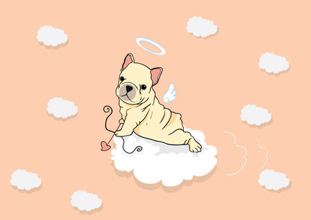 French Bulldog Puppy Cupid is flying with her cloud jet in the sweet background. Vector illustration capturing the adorable charm of a Frenchie puppy playing Cupid.のイラスト素材