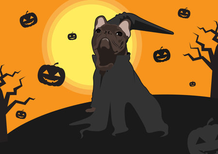 Cute Black French Bulldog in Halloween Costume. Celebrate Halloween with this cute vector of a black French Bulldog in a festive costume.のイラスト素材