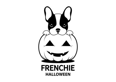 Adorable French Bulldog on The Ghost Pumpkin Halloween. Cute Frenchie with bunny ears in black and white logo. Delightful vector capturing an adorable Frenchie amidst Halloween funのイラスト素材