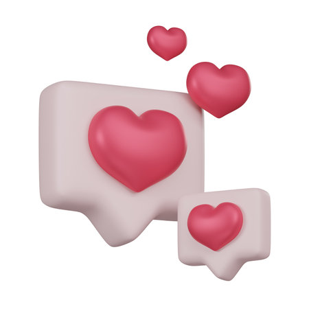 3D illustration of chat bubbles with heart icons, representing love messages and romantic...