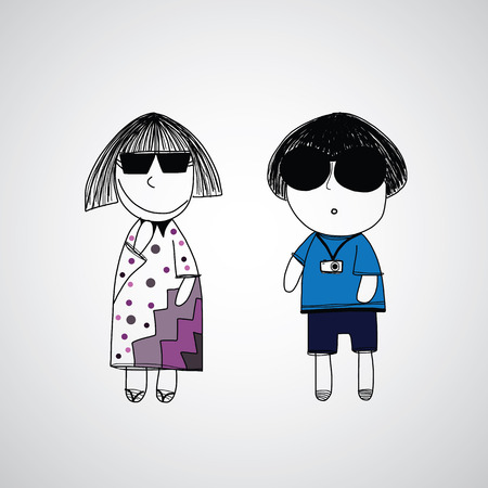 hipster boy and girl vector hand drawn cartoonのイラスト素材