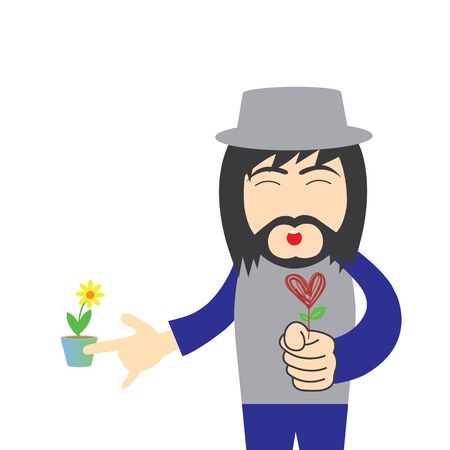 vector cartoon hipster man with red heart flowerのイラスト素材