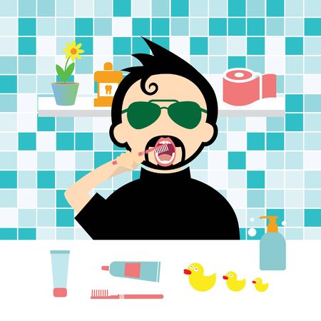 vector man brushing teeth before bedtimeのイラスト素材
