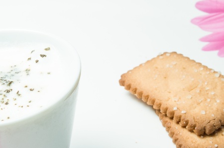 milk with chocolate flakes and cookies