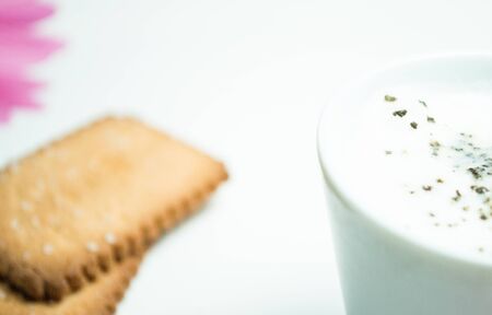 milk with chocolate flakes and cookies