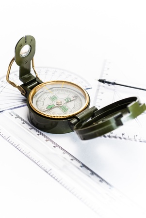 Compass and measuring instruments on white backgroundの写真素材
