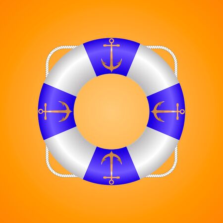 Lifebuoy of blue color with golden anchors and ropeのイラスト素材