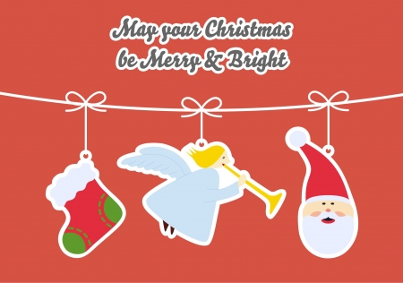 Christmas Card with 3 hanged ornaments - Christmas Socks, Angel, Santa Claus. Text: Wishing you a Merry Christmas and a Happy New Year のイラスト素材