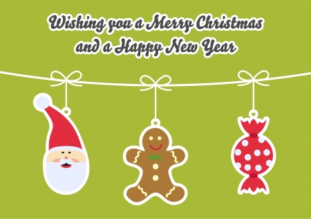 Christmas Card with 3 hanged ornaments - Santa Claus, Gingerbread, candy. Text: Wishing you a Merry Christmas and a Happy New Year のイラスト素材