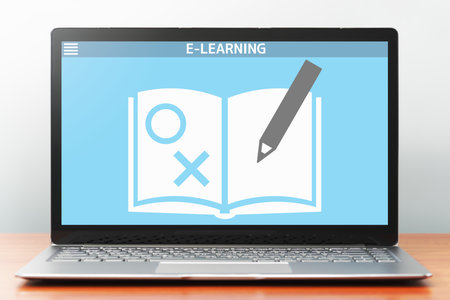 E-learning concept image. Laptop computer on wooden desk. Application of problems collection on...