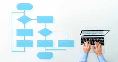 Business process management and flowchart. Top view of business man using laptop.の写真素材