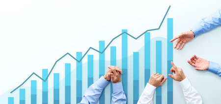 Business management meeting and blue growth graph. Top view of three men discussing at white table.