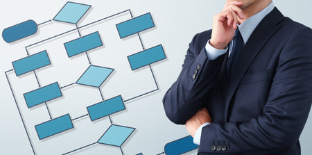 Thinking business process and workflow. Businessperson in blue suit. Blue flowchart.