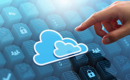 Cloud storage of document management system. Business database and backup technology. Businessman...