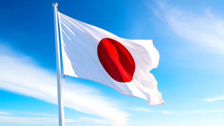 Flag of Japan waving in the wind against blue sky with white cloudsの素材
