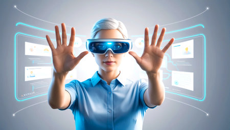 Young woman wearing virtual reality goggles with futuristic user interface on the backgroundの素材