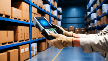 Close up of female warehouse worker using payment terminal. This is a freight transportation and distribution warehouse. Industrial and industrial workers conceptの素材