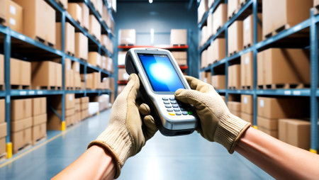 Warehouse worker using payment terminal in warehouse. This is a freight transportation and distribution warehouse. Industrial and industrial backgroundの素材