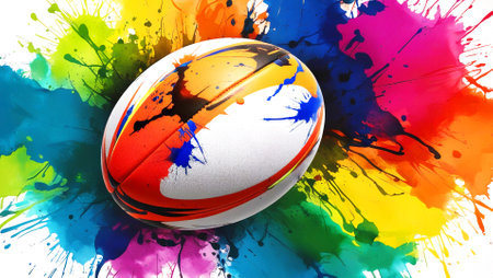 Rugby ball with colorful paint splashes on a white backgroundの素材