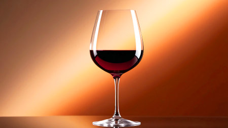 Glass of red wine on orange background, close-up, verticalの素材