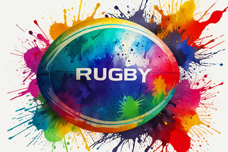 Rugby ball with multicolored splashes on a white backgroundの素材