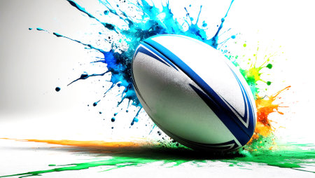 Rugby ball with colorful splashes isolated on a white backgroundの素材