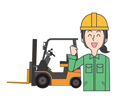 A female worker smiling in front of a forkliftのイラスト素材