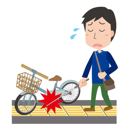 a visually impaired person who is troubled by a bicycle on a braille blockのイラスト素材