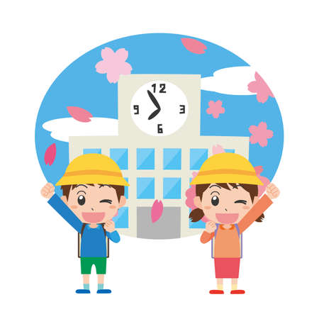 Boys and girls entering elementary schoolのイラスト素材