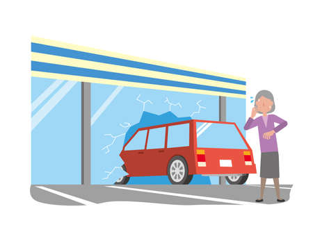 An elderly woman who accidentally stepped on the accelerator and brakes and rammed into the storeのイラスト素材